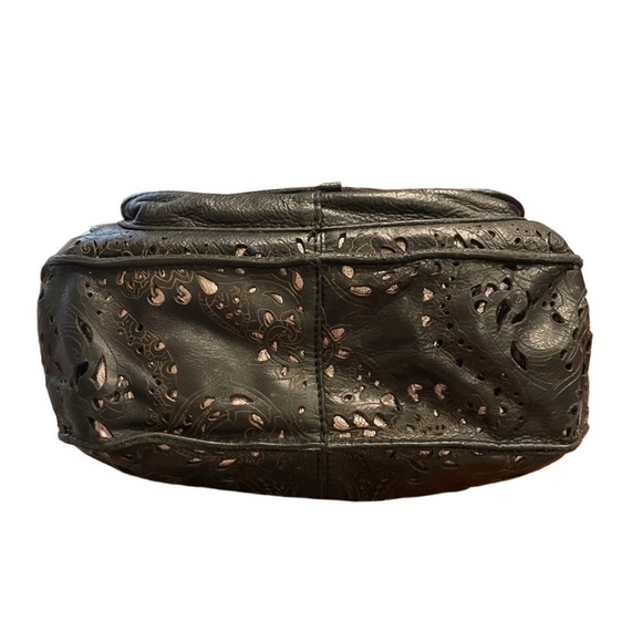 Patricia Nash embossed black leather bag cut outs reveal silver underneath. B5 - Picture 8 of 13